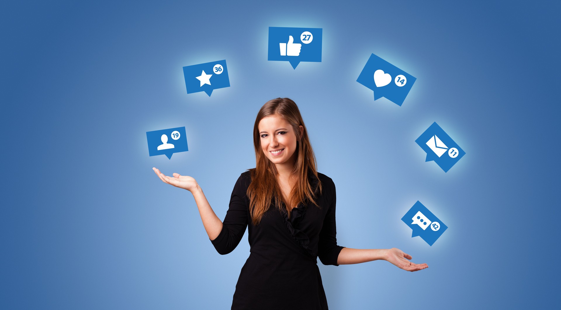 Person juggle with social media symbols