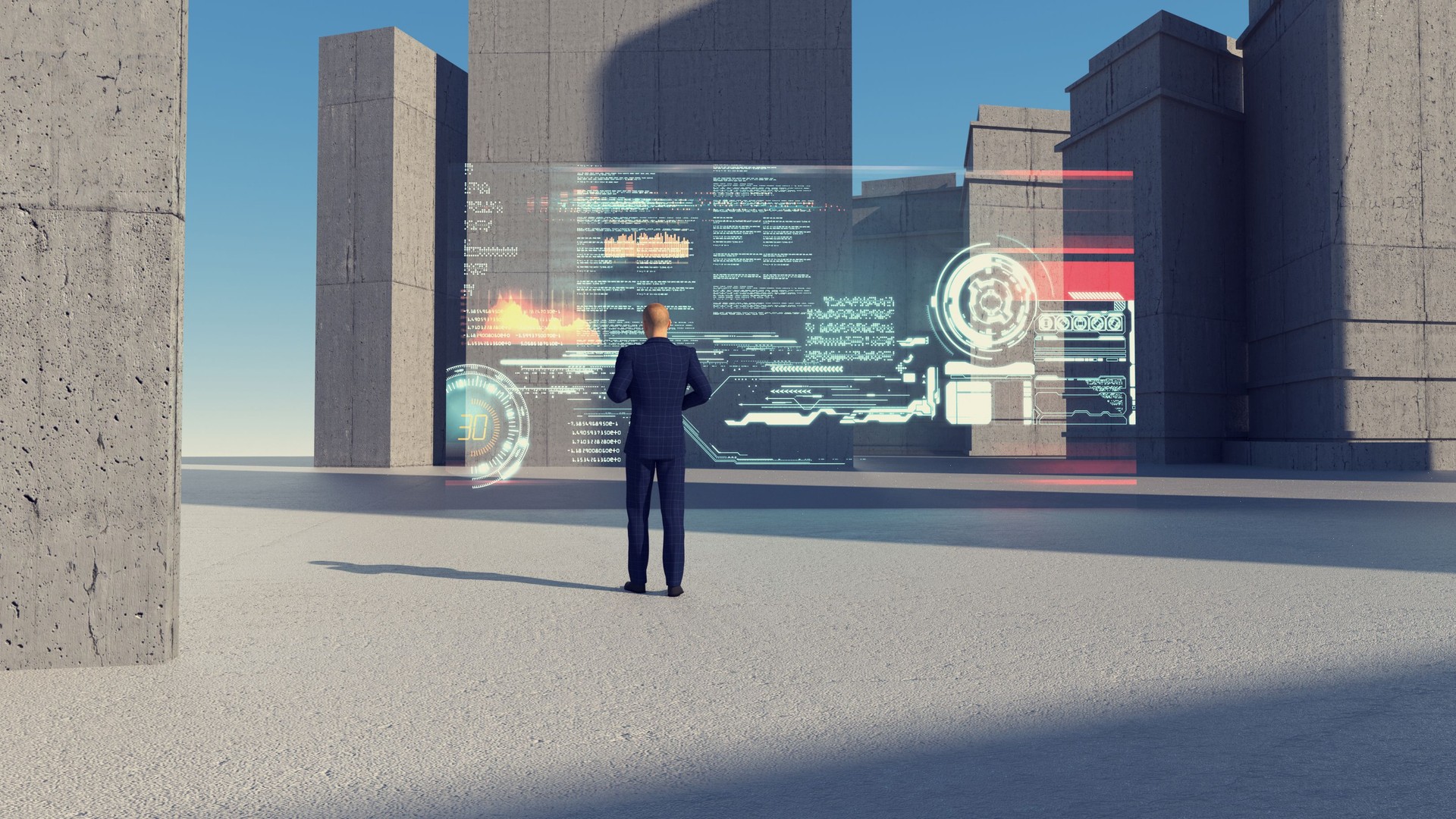 Businessman looks at a futuristic screen with data analytics . This is a 3d render illustration .